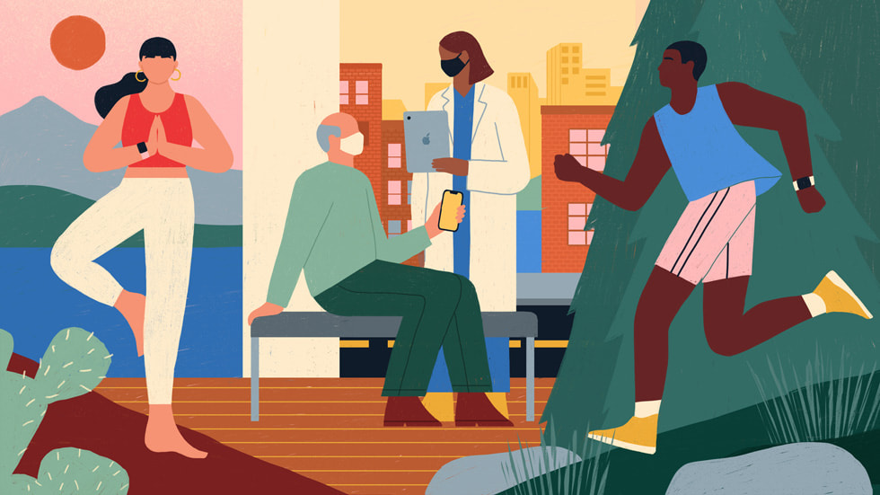 插画展示一位女性在户外做瑜伽，病人与医生在办公室内谈话，一位男性在公园中跑步。