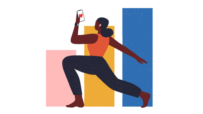 插画中，一位女性正在手握 iPhone 迅速奔跑。