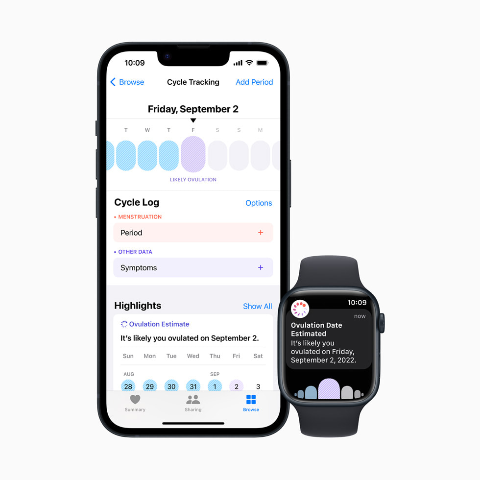 iPhone 上显示的经期跟踪记录和 Apple Watch Series 8 上显示的排卵日估算。 