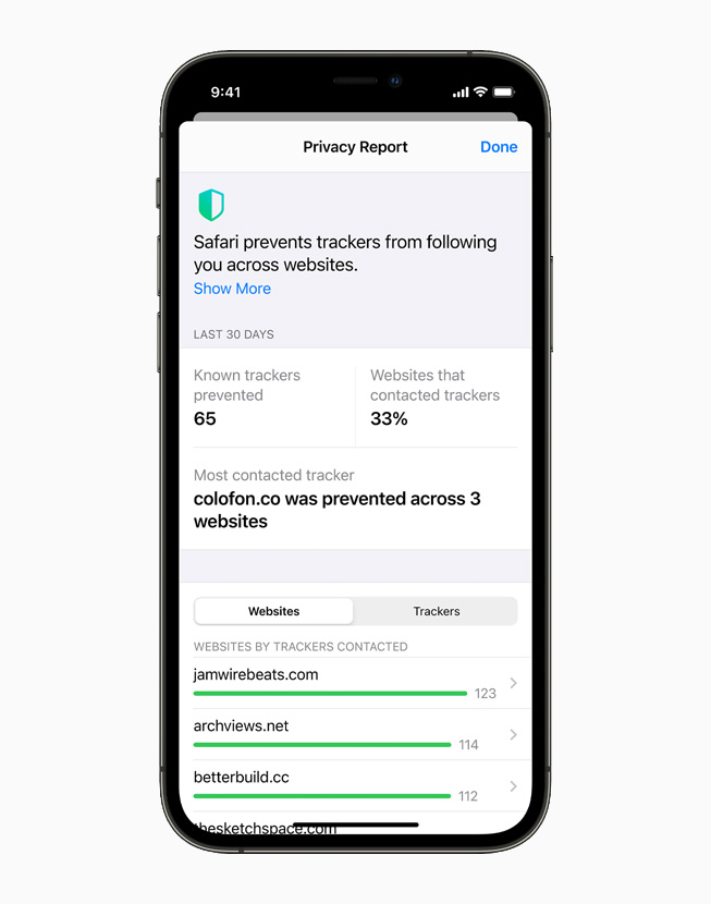 Safari 浏览器隐私报告，于 iPhone 12 Pro 上展示。