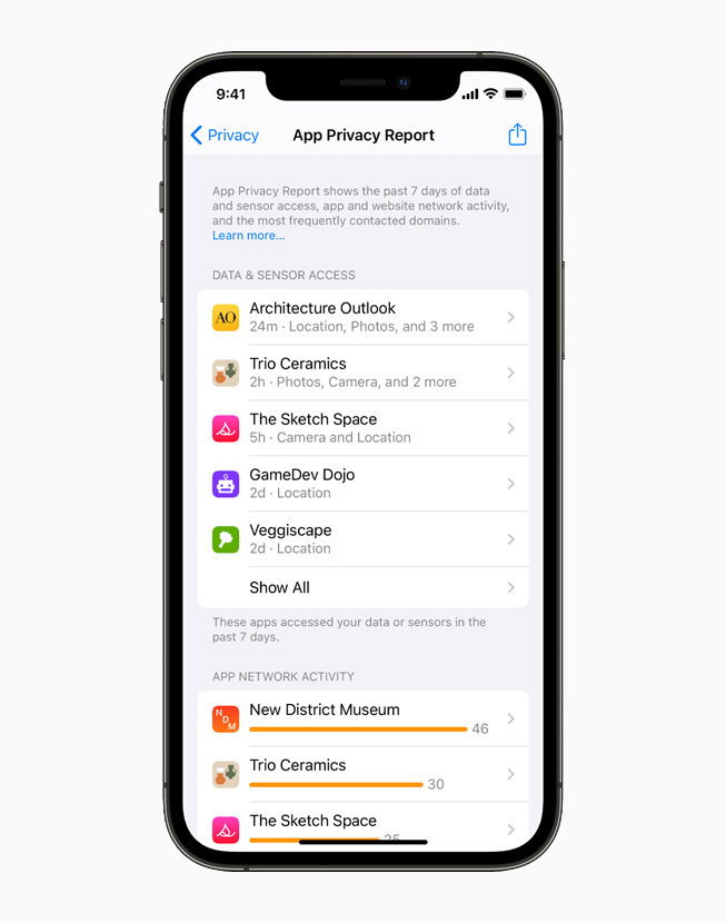 App 隐私报告，于 iPhone 12 Pro 上展示。