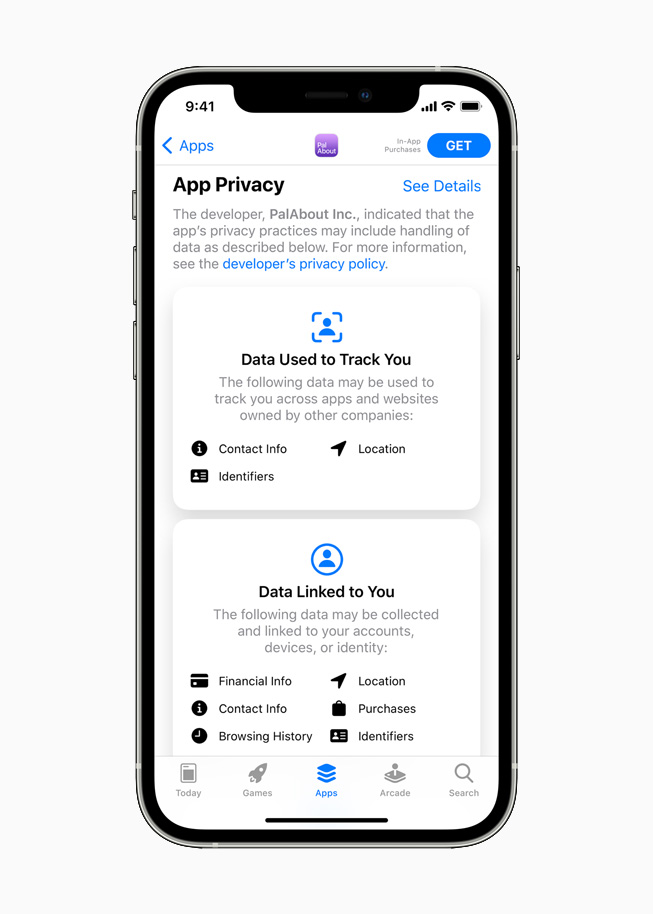 iPhone 12 上显示 App Store 中的隐私健康标签。 