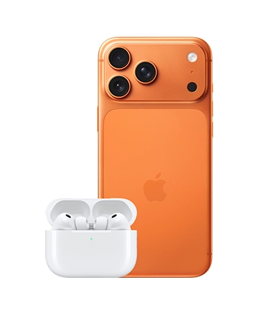 iPhone 17 Pro，展示背板；旁边为 AirPods Pro 3，置于充电盒内，盒盖呈打开状态。