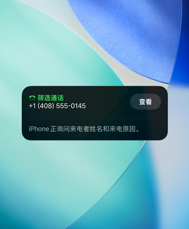 iPhone app 小组件，显示来电筛选功能，背景设置了新的 OS 墙纸。
