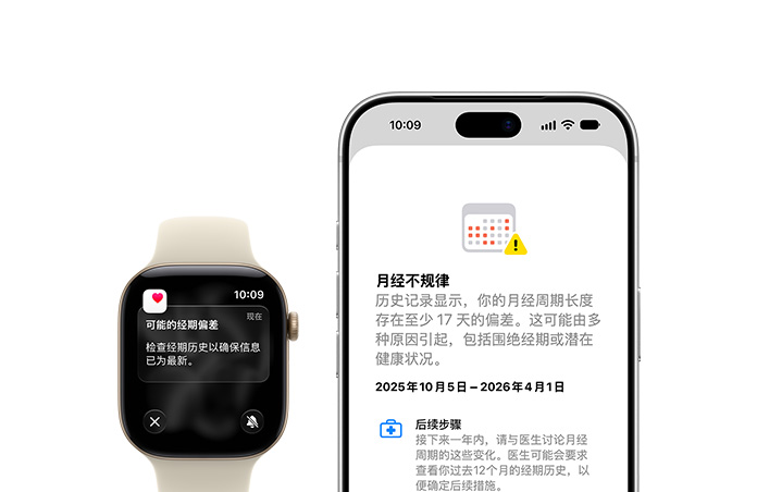 经期追踪功能，显示关于可能的经期偏差的更新。