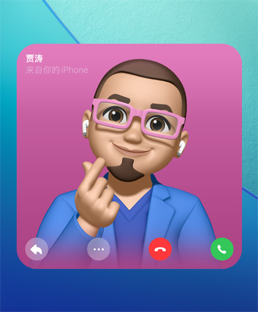 FaceTime 通话的名片海报，联系人名字位于左上角，回复、更多选项、挂断和接听图标均位于底部。