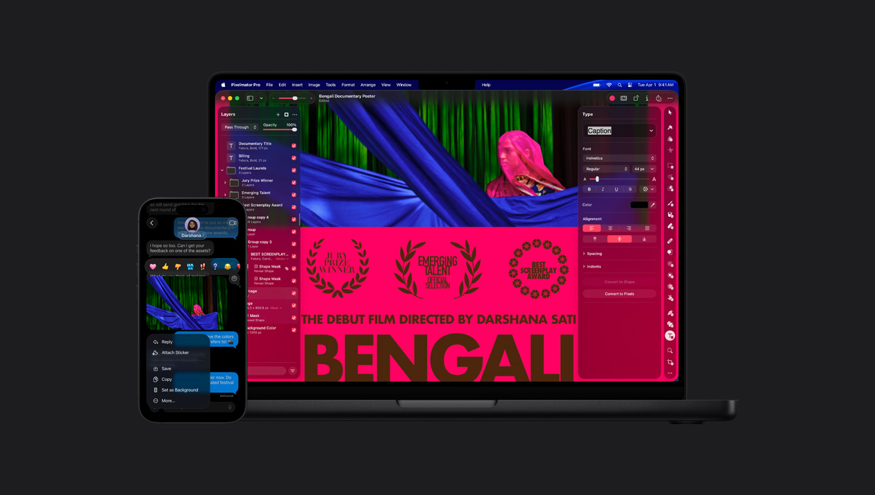 iPhone 16 屏幕显示信息 app 中头戴粉色面纱的女子的照片，以及表情符号回应选项、图像选项；14 英寸 MacBook Pro 屏幕显示头戴粉色面纱的女子的照片以及电影海报，各种编辑工具分布于画面左右两侧。