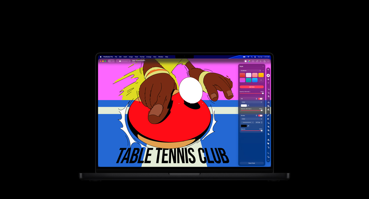 16 英寸 MacBook Pro 屏幕显示 Table Tennis Club 的彩色海报以及色彩编辑工具。