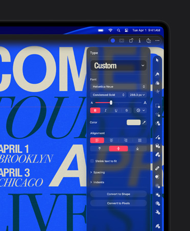 16 英寸 MacBook Pro 屏幕展示 Comedy Tour 海报图像,以及自定义样式工具。