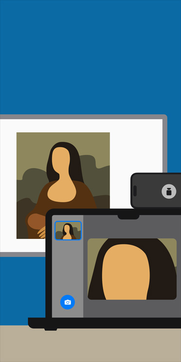 动画插图展示 MacBook 屏幕上的放大器 app,将教室白板上的蒙娜丽莎画作放大显示出来。