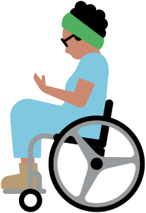 一个坐在轮椅上的人正在看手中的 iPhone。