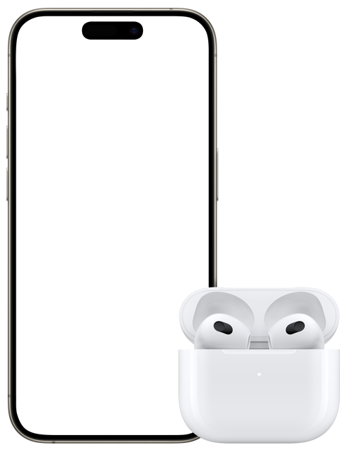 装有 AirPods (第三代) 的充电盒放在 iPhone 旁边，充电盒上的白色配对指示灯亮起。iPhone 主屏幕的弹出窗口上显示配对界面，轻点连接按钮即可配对 AirPods。