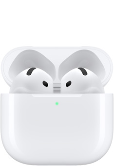 AirPods 4 放在充电盒内，盒盖呈开启状态。