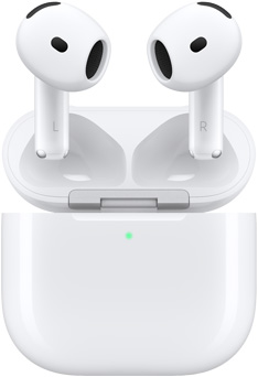 AirPods 4 悬浮在充电盒上方，盒盖呈开启状态。