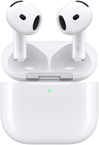 AirPods 4 充电盒打开，展示悬浮在充电盒上方的 AirPods。