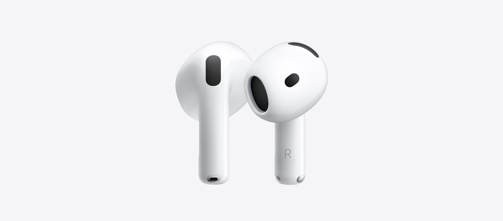 AirPods 5：无线耳塞式耳机，白色，外观呈椭圆形，耳塞内置声学扬声器罩网，短耳机柄上带银色充电接口和代表左右的字母