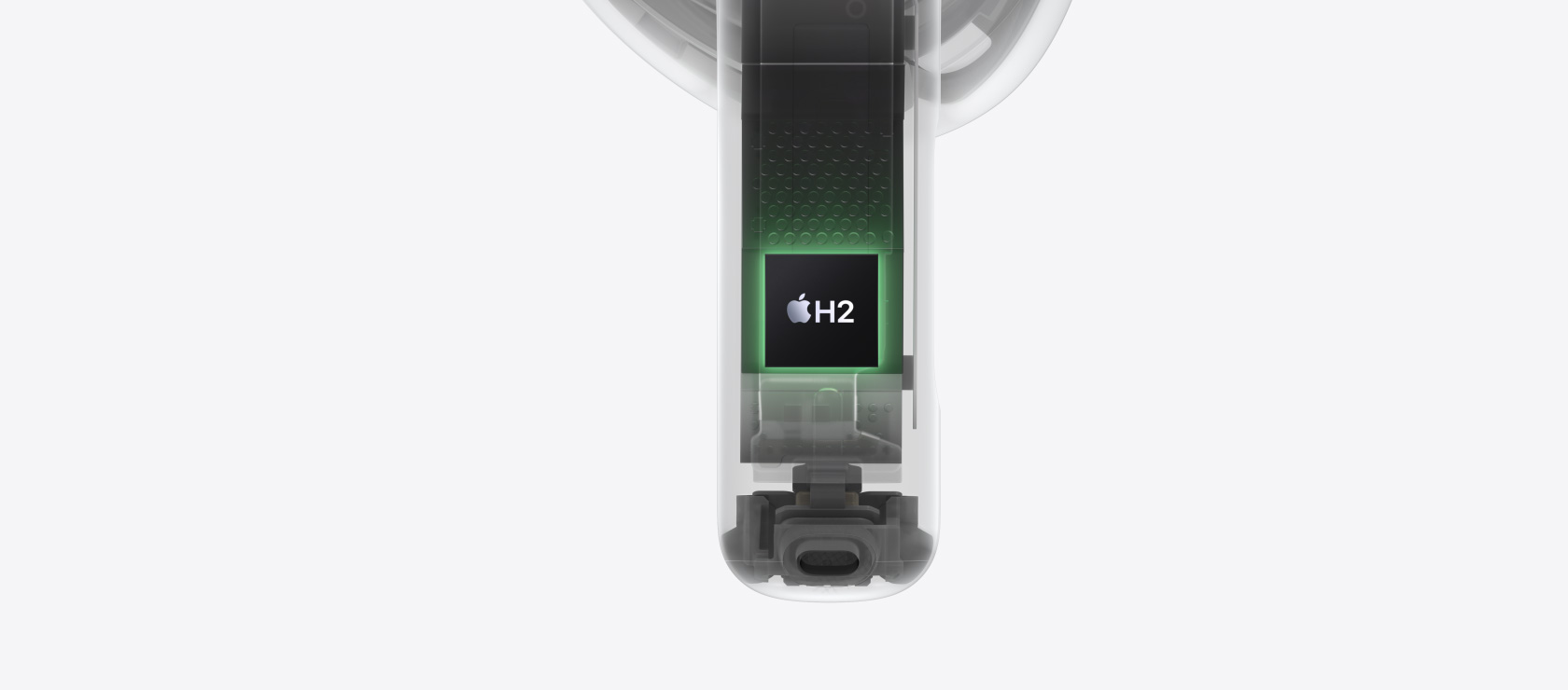 AirPods 5 内部架构，重点展示耳机柄内部的 H2 芯片