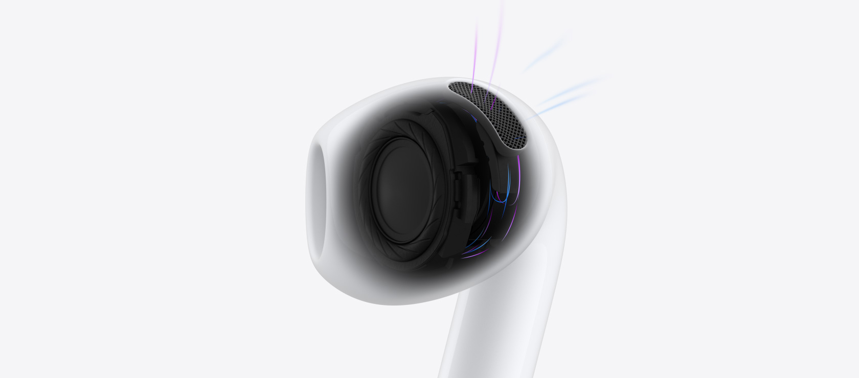AirPods 5 内部架构，蓝色线条表示从耳塞式耳机中通过的空气和声音