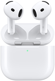 AirPods 5 ：白色椭圆形耳塞式耳机，配备短耳机柄，充电盒结构流畅，带有扬声器开口，外部有 LED 电量指示灯，盒盖呈打开状态，由银色铰链接合