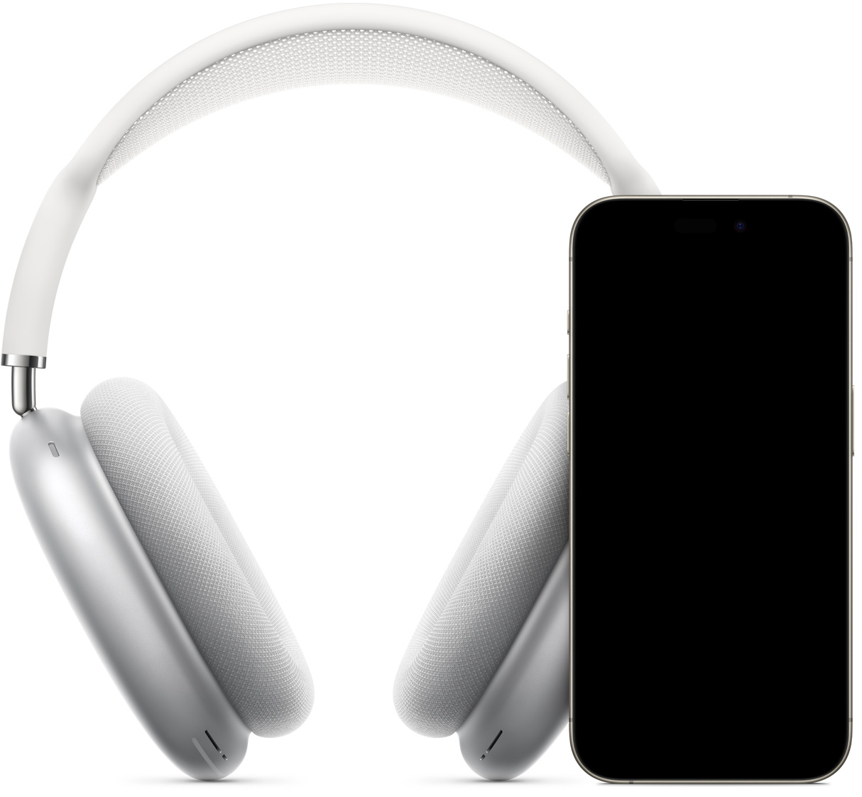 显示着即时设置界面的 iPhone 后面放着银色 AirPods Max，手机屏幕上显示有“连接”按钮，轻点一下即可配对 AirPods Max。