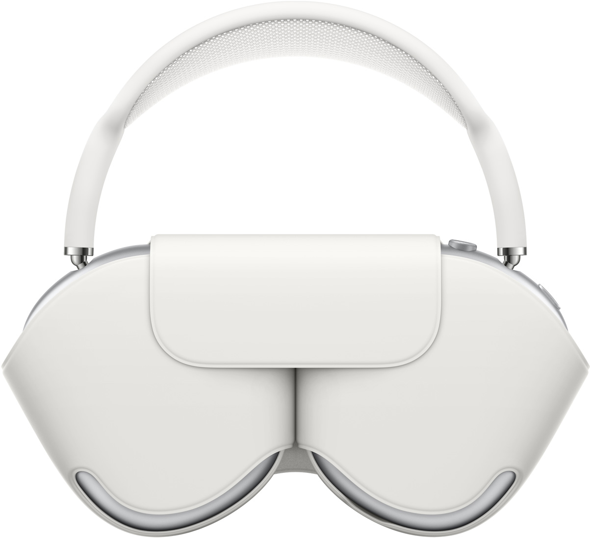 银色 AirPods Max 放在保护耳罩的配套白色智能耳机套内，穹网从上方露出来。
