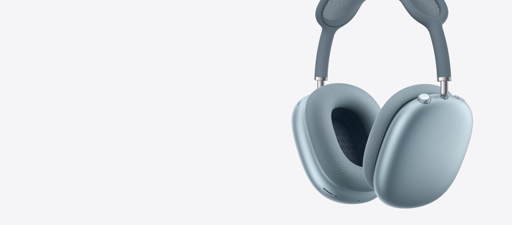 蓝色 AirPods Max 2 耳机的侧面外观，展示耳垫内外侧以及数码旋钮。