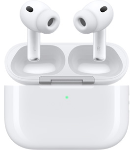 白色 AirPods Pro 3 悬浮在打开的充电盒上方，展示正面外观。