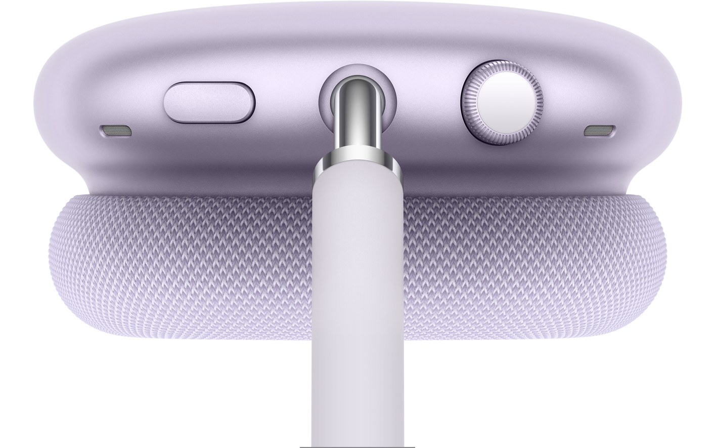 紫色 AirPods Max 2 耳机，展示俯视视角下噪声控制按钮的细节，支持通透模式。