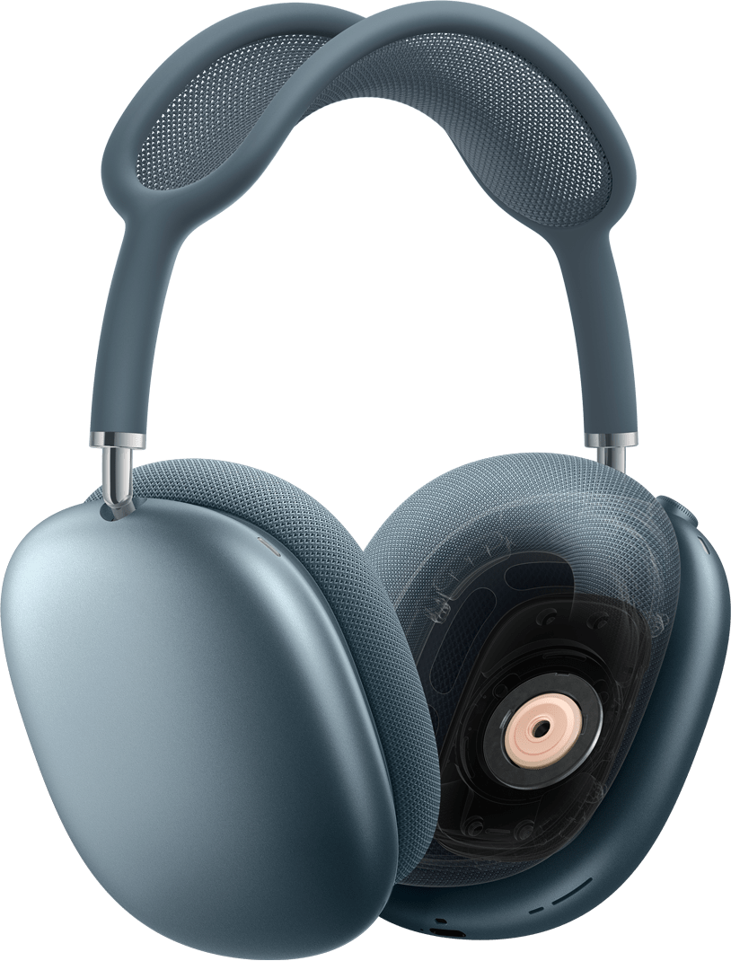 蓝色 AirPods Max 2 耳机的侧面外观，其中一只耳垫显露内部动圈式驱动单元构造的剖面图。