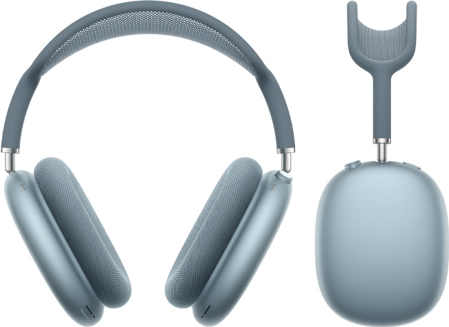 蓝色 AirPods Max 2 耳机的正面外观和侧面视图。