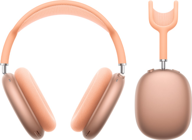 橙色 AirPods Max 2 耳机的正面外观和侧面视图。