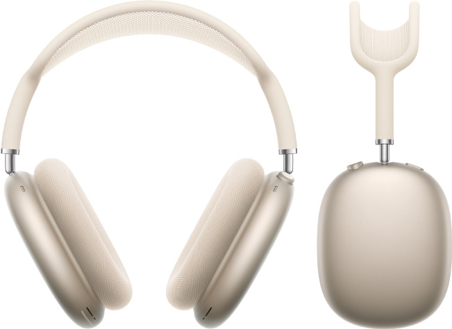 星光色 AirPods Max 2 耳机的正面外观和侧面视图。