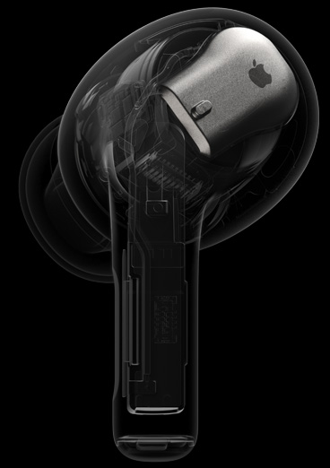 AirPods Pro 内部透视图重点展示了耳塞后方的 H2 芯片