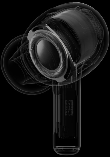 AirPods Pro 的内部透视图，重点展示位于耳机扬声器边的定制驱动单元和放大器。