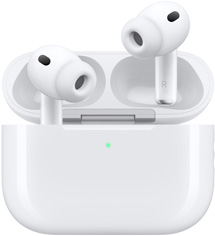 AirPods Pro 3 和 MagSafe 充电盒 (USB-C)，充电盒采用圆角外观设计，带有 LED 电量指示灯，盒盖打开，两只白色无线耳机配有硅胶耳塞，耳机柄内侧标有字母 L 和 R