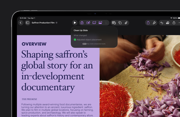 13 英寸 iPad Pro 屏幕显示 Keynote 讲演界面,展示紫色的概览幻灯片以及整理幻灯片功能。
