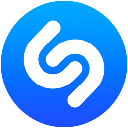 蓝白配色的圆形 Shazam 标志的动画，同心圆由标志向外扩散。