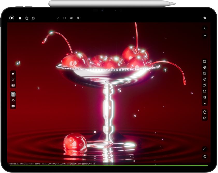 横屏放置的 iPad Pro，屏幕上显示 Octane X 的渲染画面。Apple Pencil Pro 横向放置并吸附在设备顶部。