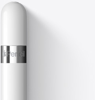 图片展示 Apple Pencil 第一代的尾部，具有圆润的末端，上面环着标有产品名的银色圆环。