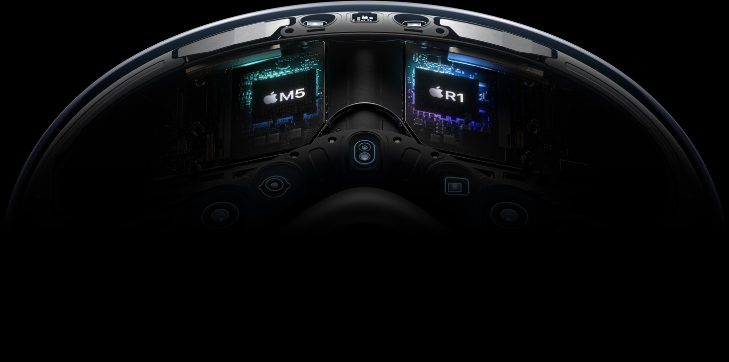 Apple Vision Pro 技术分解图，突出展示 M5 和 R1 芯片