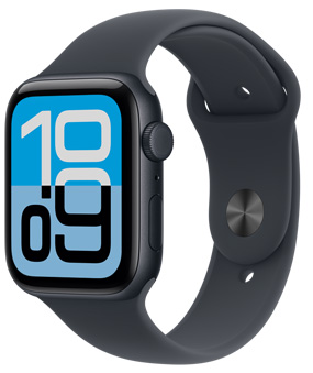 Apple Watch SE 3，展示午夜色铝金属表壳、流转表盘、右侧外观、数码表冠、麦克风、侧边按钮，搭配具有午夜色按扣加收拢式表扣的午夜色运动型表带