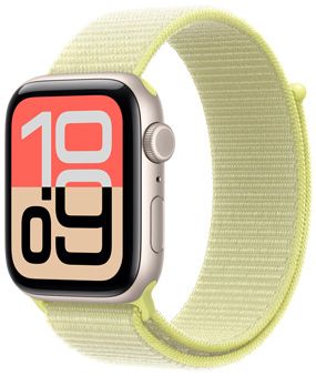 Apple Watch SE 3，展示星光色铝金属表壳、流转表盘、右侧外观、数码表冠、麦克风、侧边按钮，搭配具有拉伸式扣件的霓虹黄色回环式运动表带