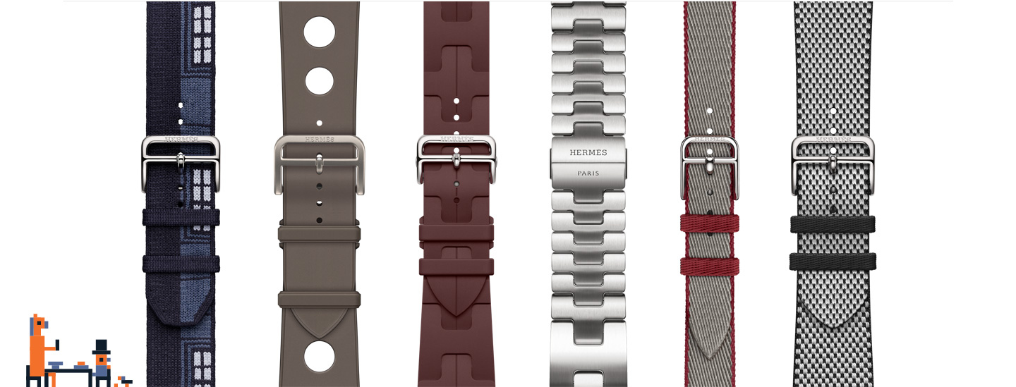 一个人和一匹马坐在桌旁的像素艺术作品，旁边展示多款 Hermès 表带：Bleu Nuit 午夜蓝色 Faubourg Party 表带、Gris Titane 钛灰色 Scub'H Diving 表带、Bordeaux 酒红色 Kilim Single Tour 表带、Satiné 缎灰色 Grand H 表带、Gris Meyer/Rouge Grenat 深灰绿配石榴红色 Twill Jump Attelage Single Tour 表带、Noir/Écru 黑配浅米色 Toile H Single Tour 表带