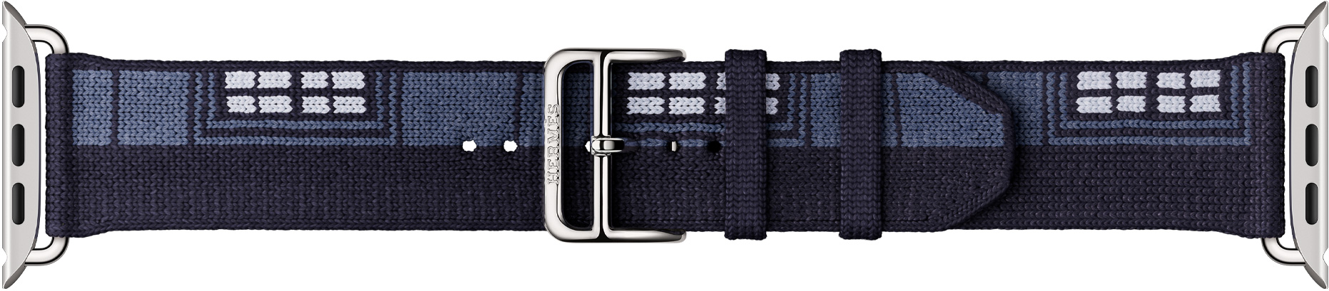Bleu Nuit 午夜蓝色 Apple Watch Hermès Faubourg Party 表带，展示银色五金件和表扣