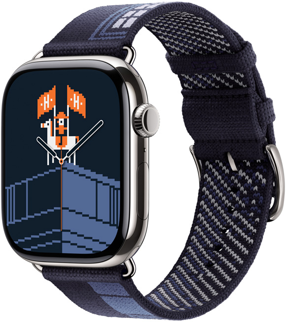 Apple Watch Hermès Series 11，展示银色钛金属表壳、福宝派对表盘和 Faubourg Party 表带