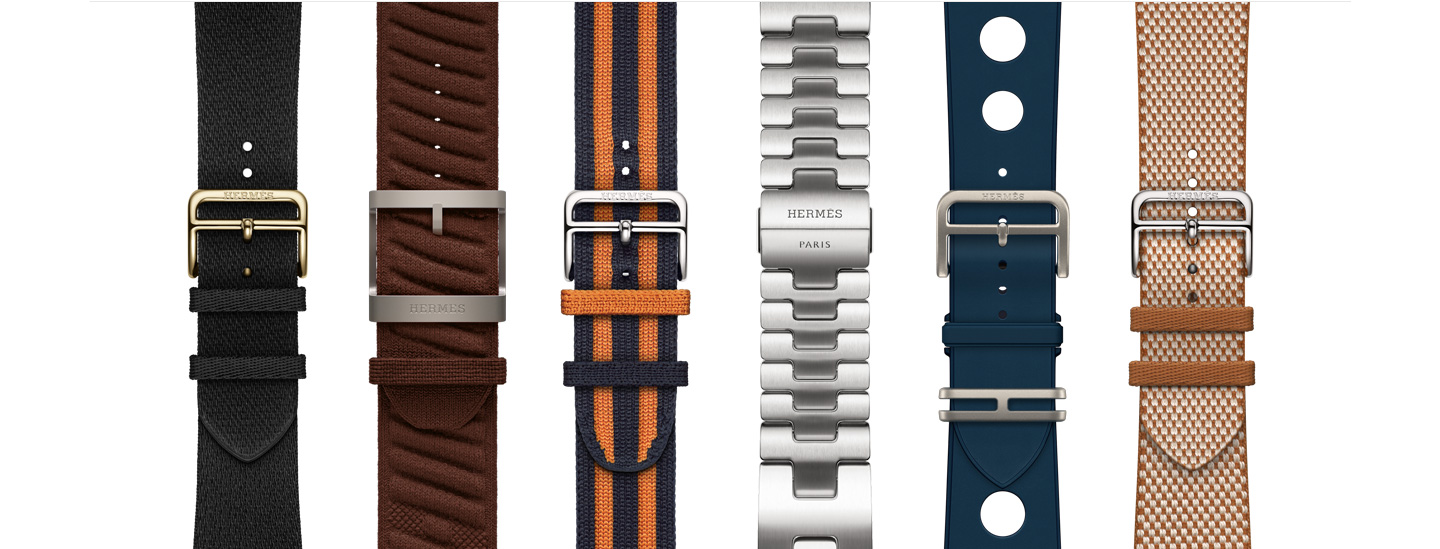 六款不同风格和颜色的 Apple Watch Hermès 表带