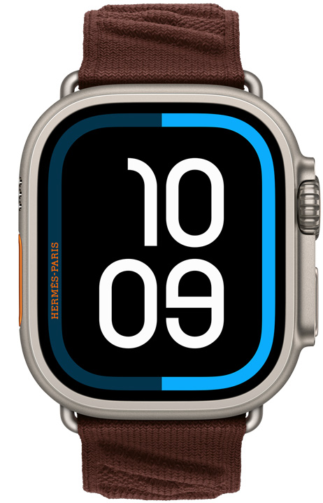 Apple Watch Hermès Ultra 4,展示航海数字表盘、原色钛金属表壳、右侧外观、数码表冠、凸起的侧边按钮,搭配 Bordeaux 酒红色 (深棕色系) En Mer 表带,展示针织材质的纹理效果。