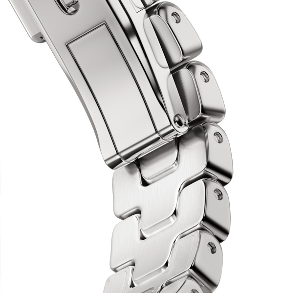 Apple Watch Hermès Series 12 Satiné 缎灰色 Grand H 表带细节,展示可快速脱卸的金属折叠扣。