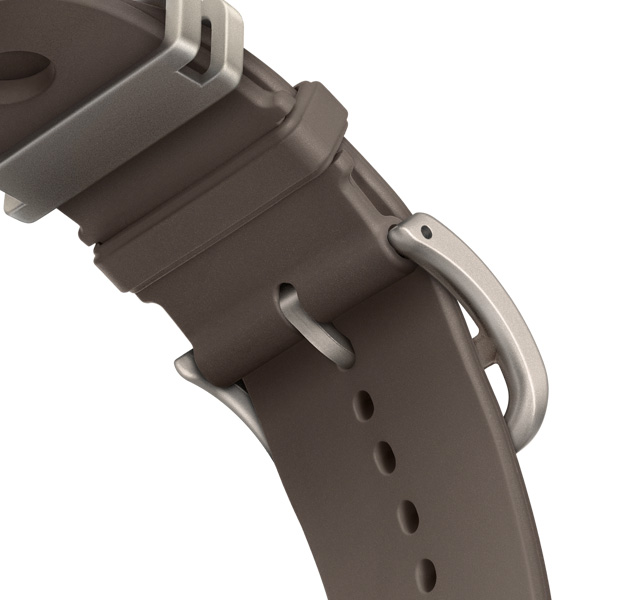Apple Watch Hermès Ultra 4 Gris Titane 钛灰色 (灰色系) Scub'H Diving 表带,展示表扣的内侧细节,以及顺滑的模塑橡胶材质和位于中央的圆形开孔。