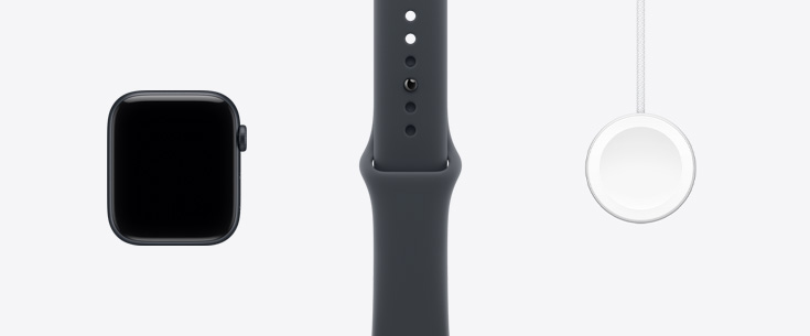 Apple Watch SE 3，展示午夜色铝金属表壳的正面外观和全面屏设计、午夜色运动型表带、Apple Watch 磁力充电器转 USB-C 连接线。